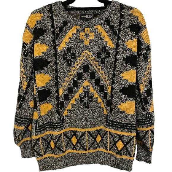 Vintage 80s Grey, Black, and Yellow Patterned Mister Noah Sweater Adult Large - Picture 1 of 3